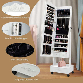 Standing Jewelry Armoire with Full-Length Mirror, Drawers, Lights & Wheels, Lockable Mirror Jewelry Cabinet Storage Organizer