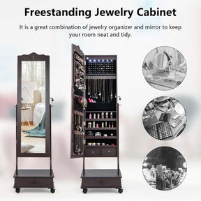 Standing Jewelry Armoire with Full-Length Mirror, Drawers, Lights & Wheels, Lockable Mirror Jewelry Cabinet Storage Organizer