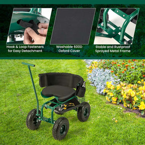 Rolling Garden Cart with 360° Swivel Cushioned Seat, Tool Storage & 2 Steering Handles, Adjustable Outdoor Gardening Scooter Workseat for Seniors