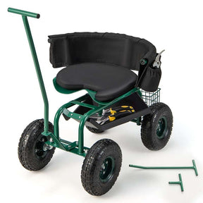 Rolling Garden Cart with 360° Swivel Cushioned Seat, Tool Storage & 2 Steering Handles, Adjustable Outdoor Gardening Scooter Workseat for Seniors