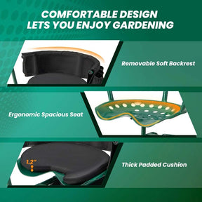 Rolling Garden Cart with 360° Swivel Cushioned Seat, Tool Storage & 2 Steering Handles, Adjustable Outdoor Gardening Scooter Workseat for Seniors