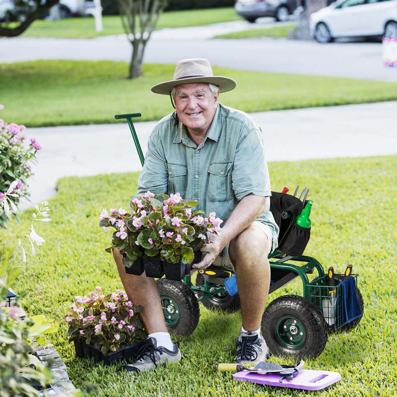 Rolling Garden Cart with 360° Swivel Cushioned Seat, Tool Storage & 2 Steering Handles, Adjustable Outdoor Gardening Scooter Workseat for Seniors