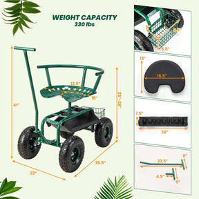Rolling Garden Cart with 360° Swivel Cushioned Seat, Tool Storage & 2 Steering Handles, Adjustable Outdoor Gardening Scooter Workseat for Seniors