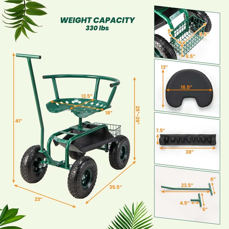 Rolling Garden Cart with 360° Swivel Cushioned Seat, Tool Storage & 2 Steering Handles, Adjustable Outdoor Gardening Scooter Workseat for Seniors