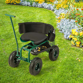 Rolling Garden Cart with 360° Swivel Cushioned Seat, Tool Storage & 2 Steering Handles, Adjustable Outdoor Gardening Scooter Workseat for Seniors