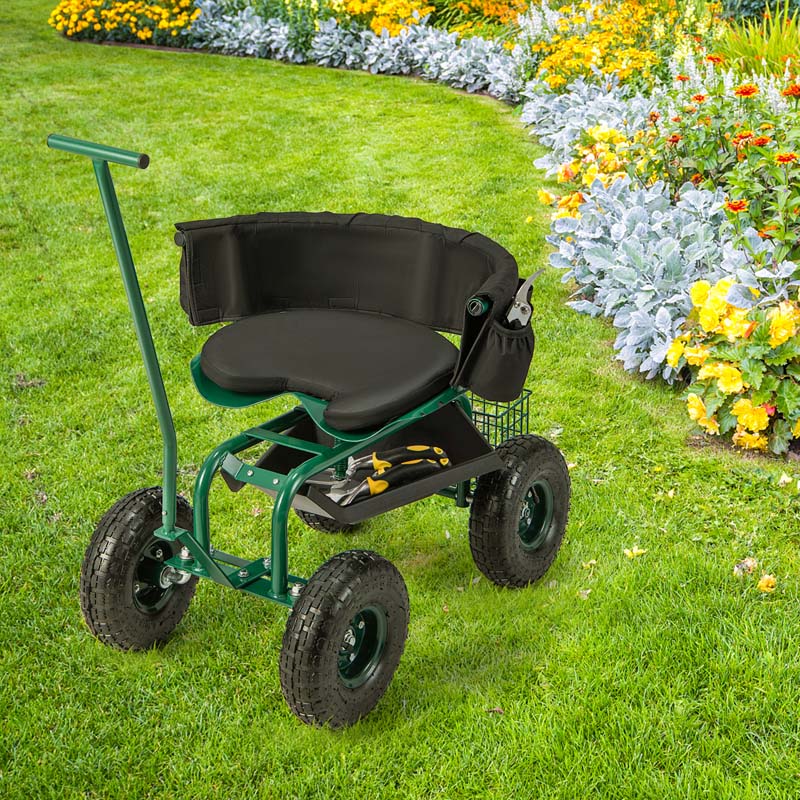 Rolling Garden Cart with 360° Swivel Cushioned Seat, Tool Storage & 2 Steering Handles, Adjustable Outdoor Gardening Scooter Workseat for Seniors