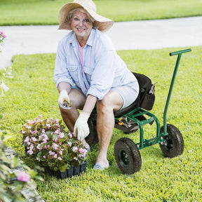 Rolling Garden Cart with 360° Swivel Cushioned Seat, Tool Storage & 2 Steering Handles, Adjustable Outdoor Gardening Scooter Workseat for Seniors