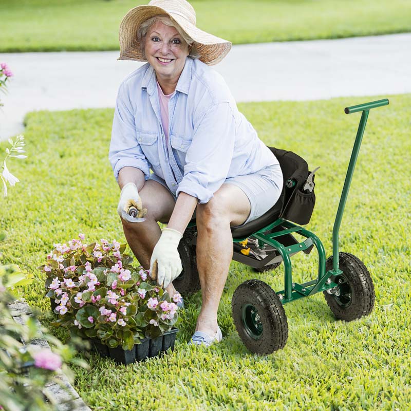 Rolling Garden Cart with 360° Swivel Cushioned Seat, Tool Storage & 2 Steering Handles, Adjustable Outdoor Gardening Scooter Workseat for Seniors