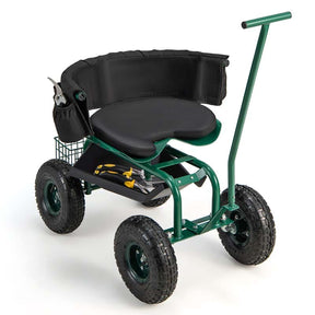 Rolling Garden Cart with 360° Swivel Cushioned Seat, Tool Storage & 2 Steering Handles, Adjustable Outdoor Gardening Scooter Workseat for Seniors