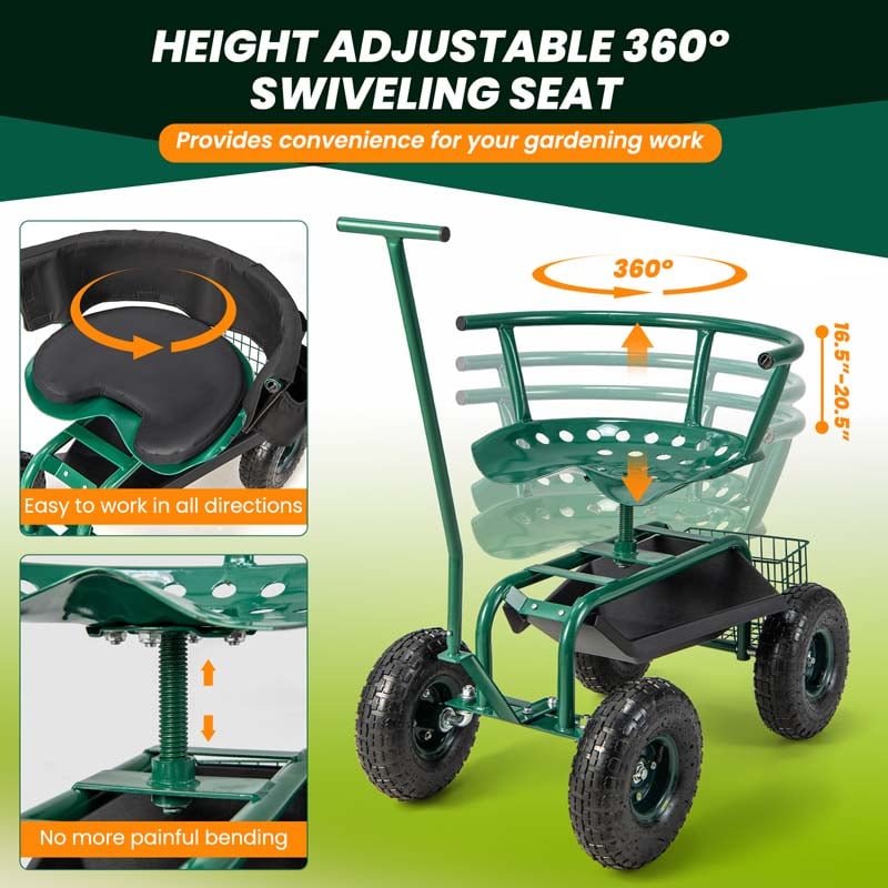 Rolling Garden Cart with 360° Swivel Cushioned Seat, Tool Storage & 2 Steering Handles, Adjustable Outdoor Gardening Scooter Workseat for Seniors