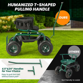 Rolling Garden Cart with 360° Swivel Cushioned Seat, Tool Storage & 2 Steering Handles, Adjustable Outdoor Gardening Scooter Workseat for Seniors