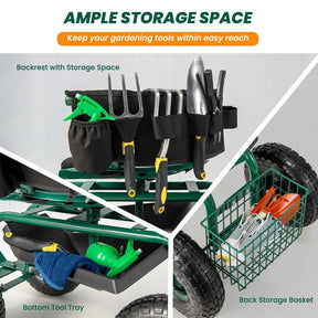 Rolling Garden Cart with 360° Swivel Cushioned Seat, Tool Storage & 2 Steering Handles, Adjustable Outdoor Gardening Scooter Workseat for Seniors