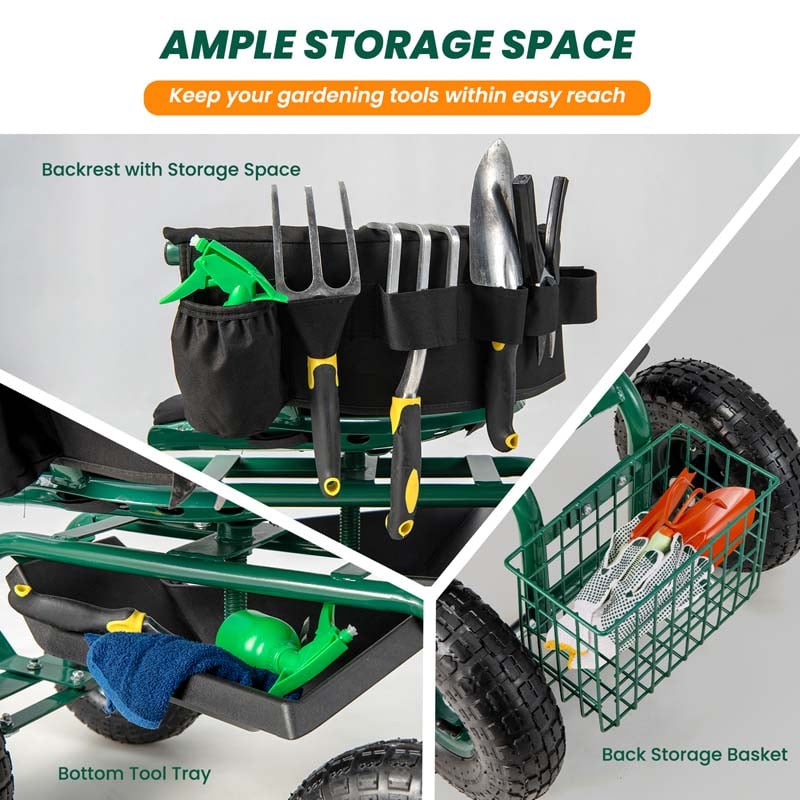 Rolling Garden Cart with 360° Swivel Cushioned Seat, Tool Storage & 2 Steering Handles, Adjustable Outdoor Gardening Scooter Workseat for Seniors