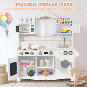 31" Rooftop Wooden Kids Kitchen Playset with Microwave, Windows, Clock, Cookware, Little Chef Pretend Cooking Play Toy Set