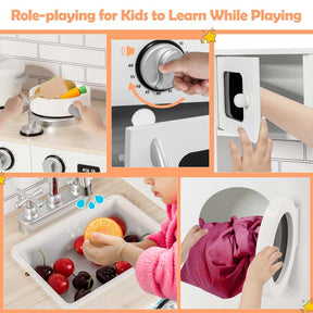 31" Rooftop Wooden Kids Kitchen Playset with Microwave, Windows, Clock, Cookware, Little Chef Pretend Cooking Play Toy Set