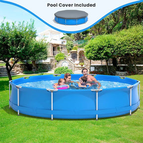 12 FT x 31.5 Inch Round Above Ground Swimming Pool with Pool Cover, CPSIA Certified Outdoor Steel Frame Pool for Backyard, Garden, Patio