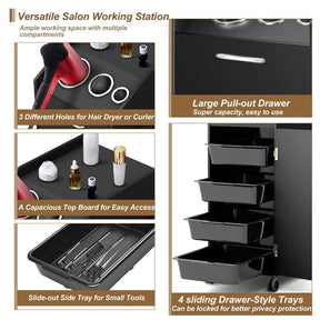 Salon Rolling Trolley Cart with 4 Lockable Drawers, Side Tray & Hair Dryer Holders, Mobile Beauty Salon Station for Spa, Barber, Manicure