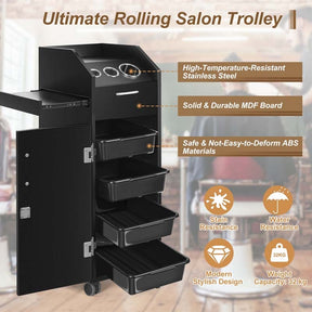 Salon Rolling Trolley Cart with 4 Lockable Drawers, Side Tray & Hair Dryer Holders, Mobile Beauty Salon Station for Spa, Barber, Manicure