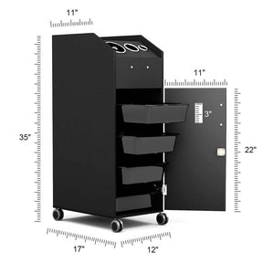 Salon Rolling Trolley Cart with 4 Lockable Drawers, Side Tray & Hair Dryer Holders, Mobile Beauty Salon Station for Spa, Barber, Manicure