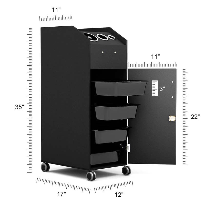 Salon Rolling Trolley Cart with 4 Lockable Drawers, Side Tray & Hair Dryer Holders, Mobile Beauty Salon Station for Spa, Barber, Manicure