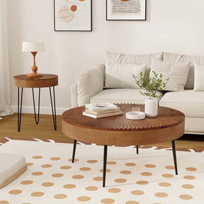 Boho Farmhouse Round Coffee Table Set of 2, Solid Pine Wood Nesting End Table with Metal Legs, Adjustable Foot Pads for Living Room