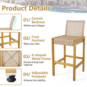 Outdoor Wicker Bar Stools Set of 2/4, PE Rattan Bar Height Patio Chairs with Footrest & Acacia Wood Frame for Backyard Poolside Garden