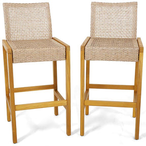 Outdoor Wicker Bar Stools Set of 2/4, PE Rattan Bar Height Patio Chairs with Footrest & Acacia Wood Frame for Backyard Poolside Garden
