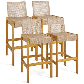 Outdoor Wicker Bar Stools Set of 2/4, PE Rattan Bar Height Patio Chairs with Footrest & Acacia Wood Frame for Backyard Poolside Garden