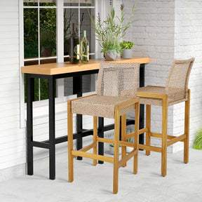 Outdoor Wicker Bar Stools Set of 2/4, PE Rattan Bar Height Patio Chairs with Footrest & Acacia Wood Frame for Backyard Poolside Garden