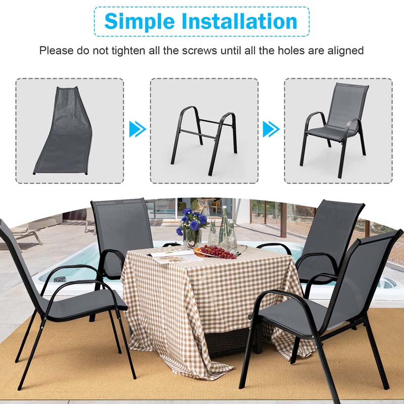 Set of 4 Outdoor Stackable Dining Chairs with Breathable Fabric, All Weather Patio Dining Chairs, 330LBS Heavy Duty Rustproof Steel Frame