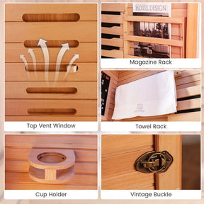 1-2 Person Low-EMF Far Infrared Sauna, Canadian Hemlock Wood Home Sauna Room with 9 Carbon Heaters, Oxygen Ionizer & Dual-Control System