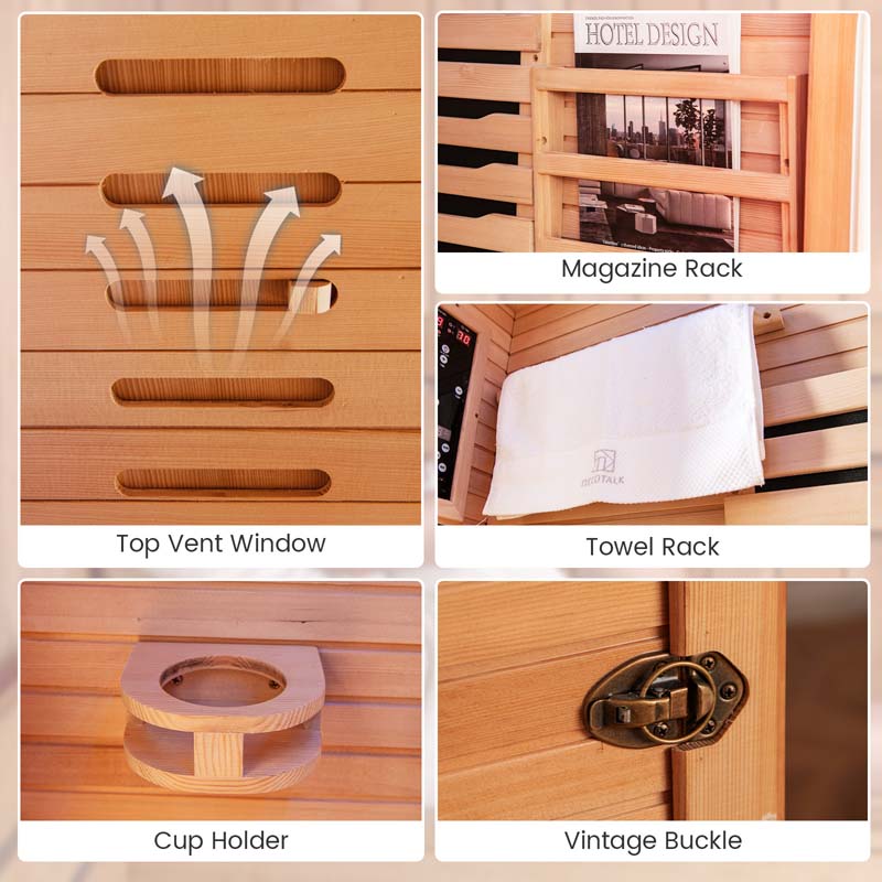 1-2 Person Low-EMF Far Infrared Sauna, Canadian Hemlock Wood Home Sauna Room with 9 Carbon Heaters, Oxygen Ionizer & Dual-Control System