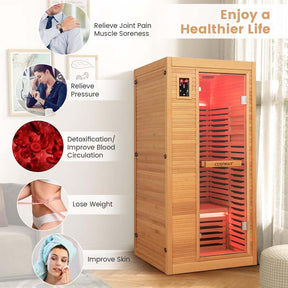 1-2 Person Low-EMF Far Infrared Sauna, Canadian Hemlock Wood Home Sauna Room with 9 Carbon Heaters, Oxygen Ionizer & Dual-Control System