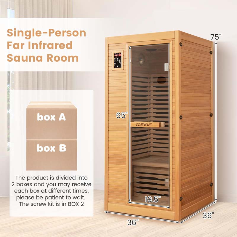 1-2 Person Low-EMF Far Infrared Sauna, Canadian Hemlock Wood Home Sauna Room with 9 Carbon Heaters, Oxygen Ionizer & Dual-Control System