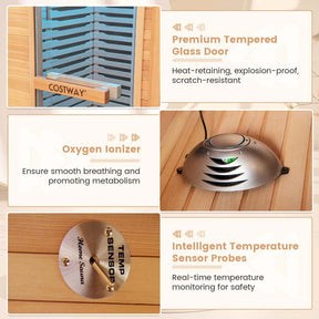 1-2 Person Low-EMF Far Infrared Sauna, Canadian Hemlock Wood Home Sauna Room with 9 Carbon Heaters, Oxygen Ionizer & Dual-Control System