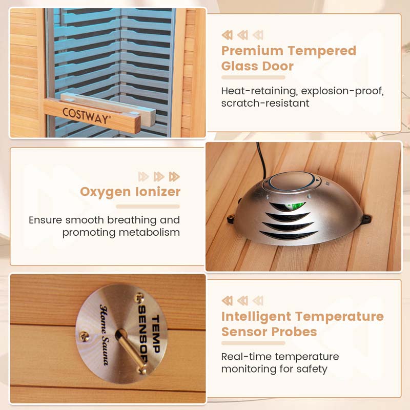 1-2 Person Low-EMF Far Infrared Sauna, Canadian Hemlock Wood Home Sauna Room with 9 Carbon Heaters, Oxygen Ionizer & Dual-Control System