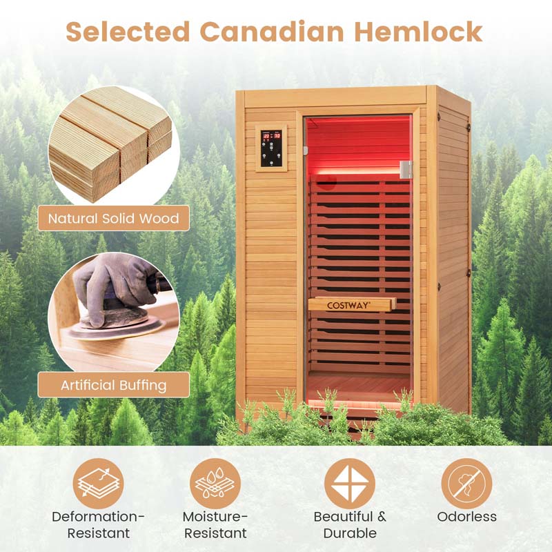 1-2 Person Low-EMF Far Infrared Sauna, Canadian Hemlock Wood Home Sauna Room with 9 Carbon Heaters, Oxygen Ionizer & Dual-Control System