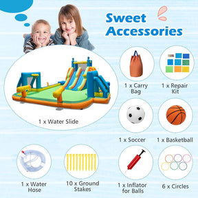 Giant Soccer Themed Inflatable Water Slide Park with Large Splash Pool, 2 Long Slides, 2 Soccer Goals & Dual Climbing Walls for Big Kids Backyard Fun