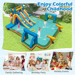 Giant Soccer Themed Inflatable Water Slide Park with Large Splash Pool, 2 Long Slides, 2 Soccer Goals & Dual Climbing Walls for Big Kids Backyard Fun