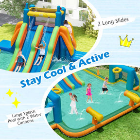 Giant Soccer Themed Inflatable Water Slide Park with Large Splash Pool, 2 Long Slides, 2 Soccer Goals & Dual Climbing Walls for Big Kids Backyard Fun