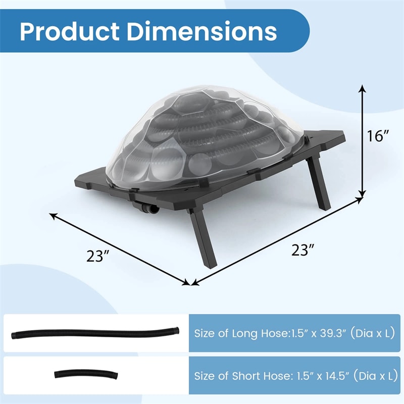 Solar Dome Pool Heater for Inground & Above Ground Swimming Pool with Transparent Cover, Black Heating Coil, Rotatable Hose Connectors, Foldable Legs