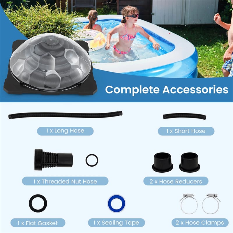 Solar Dome Pool Heater for Inground & Above Ground Swimming Pool with Transparent Cover, Black Heating Coil, Rotatable Hose Connectors, Foldable Legs