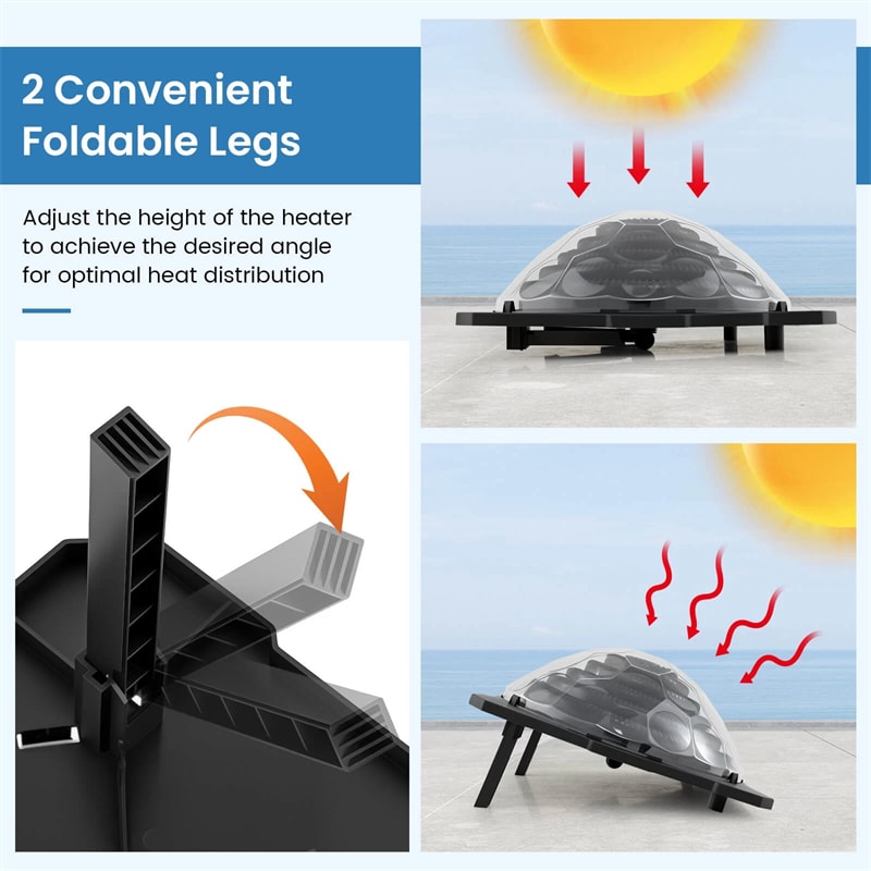 Solar Dome Pool Heater for Inground & Above Ground Swimming Pool with Transparent Cover, Black Heating Coil, Rotatable Hose Connectors, Foldable Legs
