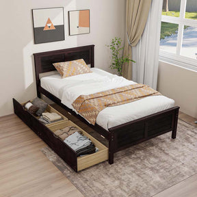 Solid Wood Platform Bed Frame with 2 Storage Drawers & Headboard, Wooden Slats Support Mattress Foundation, No Box Spring Needed