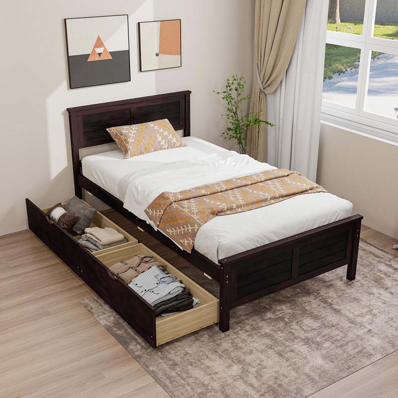 Solid Wood Platform Bed Frame with 2 Storage Drawers & Headboard, Wooden Slats Support Mattress Foundation, No Box Spring Needed