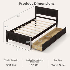 Solid Wood Platform Bed Frame with 2 Storage Drawers & Headboard, Wooden Slats Support Mattress Foundation, No Box Spring Needed