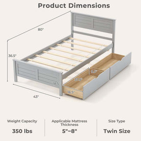 Solid Wood Platform Bed Frame with 2 Storage Drawers & Headboard, Wooden Slats Support Mattress Foundation, No Box Spring Needed