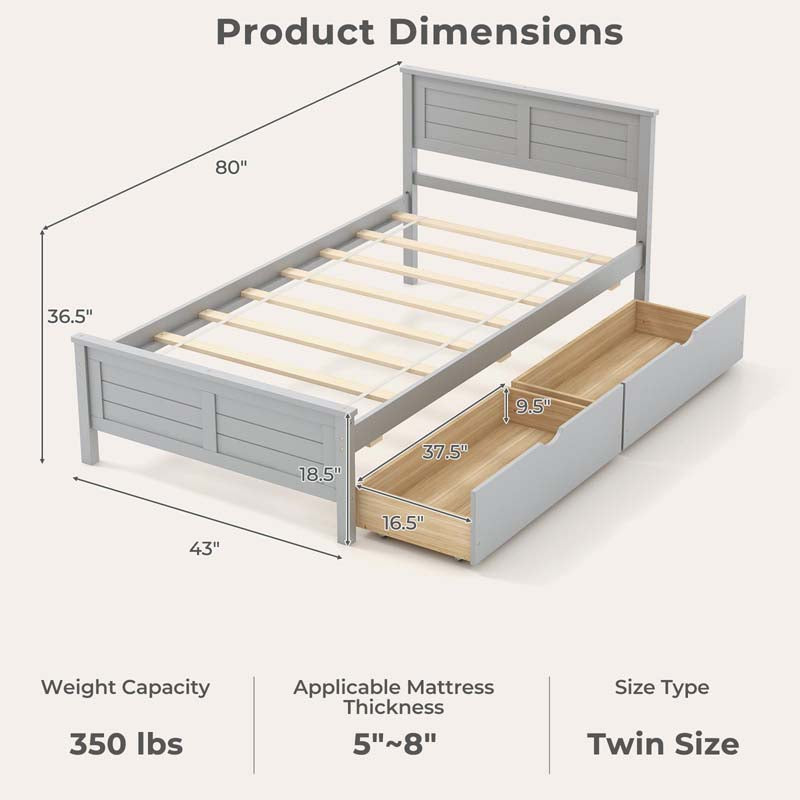 Solid Wood Platform Bed Frame with 2 Storage Drawers & Headboard, Wooden Slats Support Mattress Foundation, No Box Spring Needed