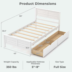 Solid Wood Platform Bed Frame with 2 Storage Drawers & Headboard, Wooden Slats Support Mattress Foundation, No Box Spring Needed