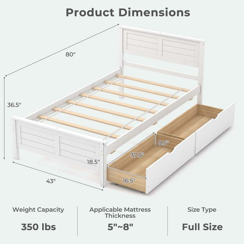 Solid Wood Platform Bed Frame with 2 Storage Drawers & Headboard, Wooden Slats Support Mattress Foundation, No Box Spring Needed